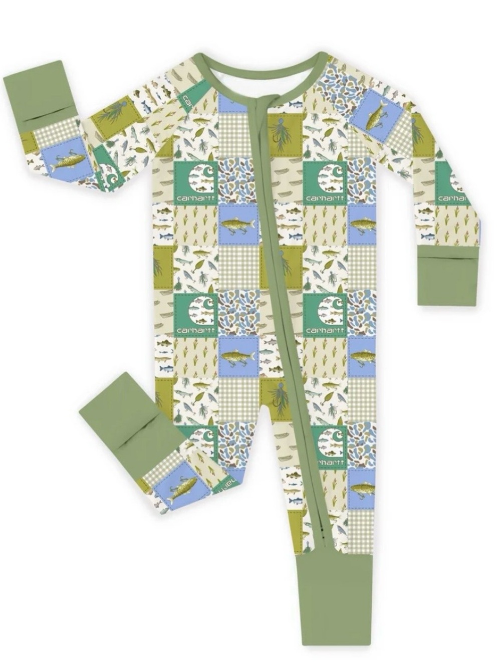 Green Multi-Patch Fishing-Print Footie One-Piece